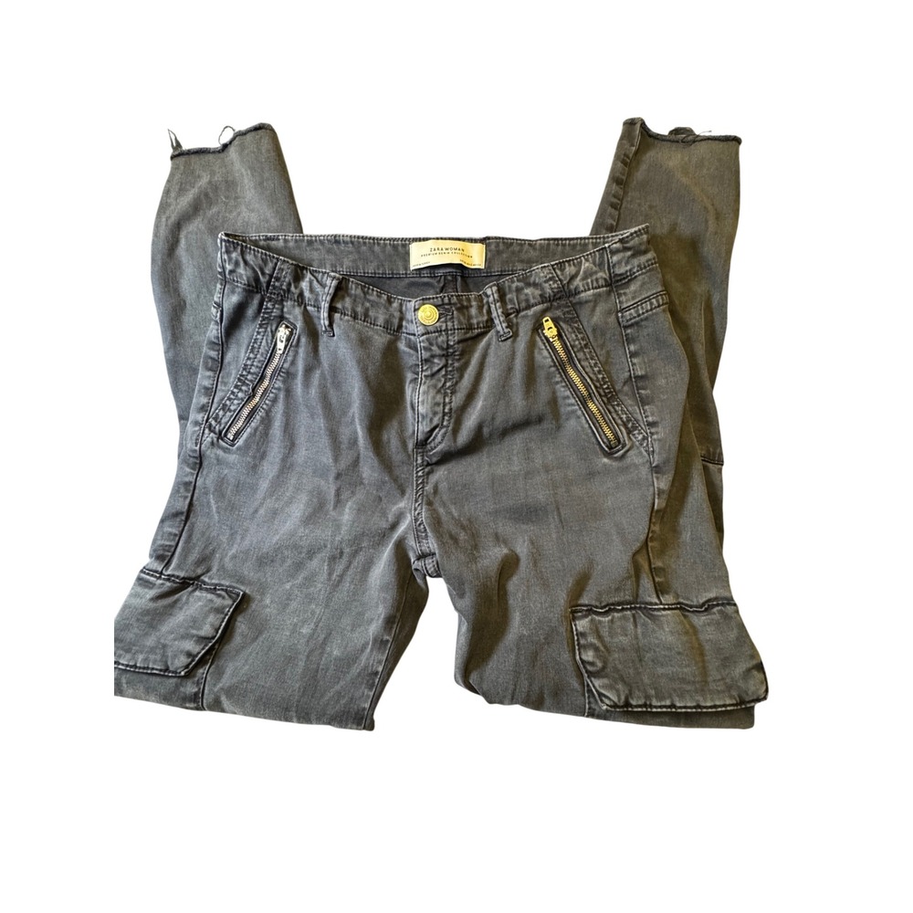 Zara Woman Premium Denim Grey Cargo Skinny Pants Frayed Hem Moto Utility Size 6